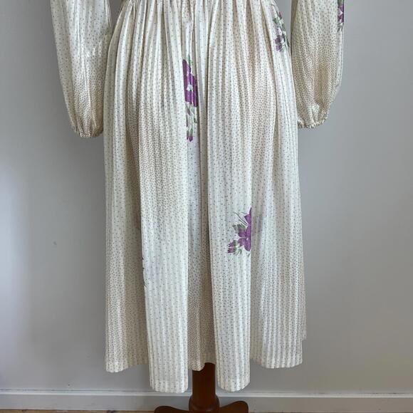 Vintage Mr. Edward S / M Cream Cottagecore Midi Dress Plunge V Neck Pleated Purp - Picture 6 of 10